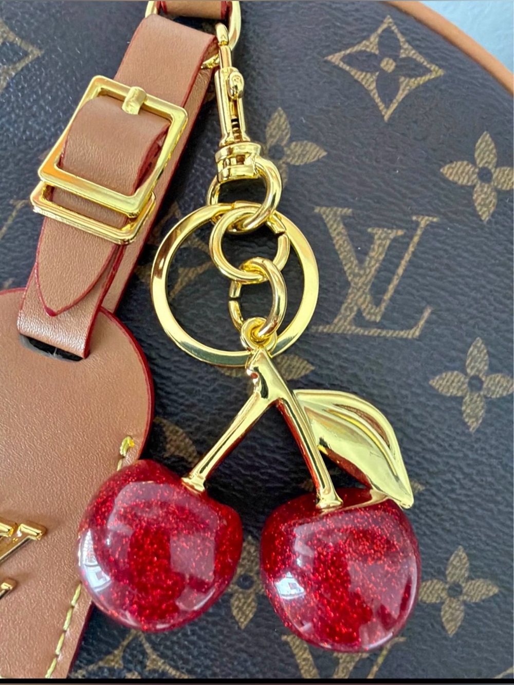 Red Glitter Cherry Bag Charm Key Holder with Gold Hardware-swipe colors
